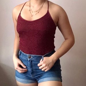 Burgundy Floral Lace Halter Neck Style Cami top